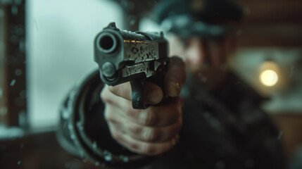 Fototapeta na wymiar Close-up of a policeman holding a gun, selective focus
