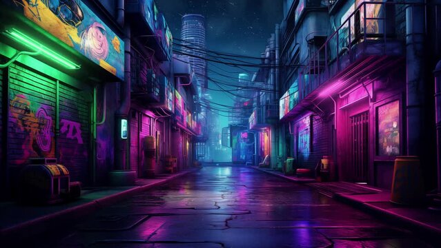 dystopian cyberpunk alleyway at night with neon. cyberpunk city at night illustration. seamless looping overlay 4k virtual video animation background 