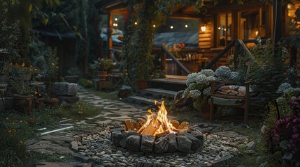 Outdoor space with a lit fire pit, providing warmth in the cool nighttime air - obrazy, fototapety, plakaty