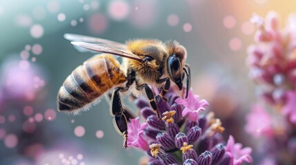 Bee buzzing around lavender blooms, engaged in pollination, in a lively garden setting - obrazy, fototapety, plakaty