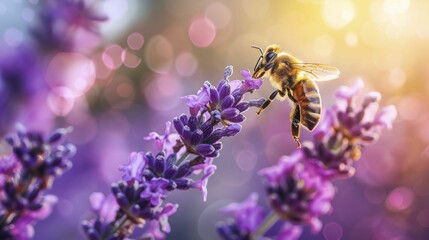 Bee hovering over lavender flowers, pollination in action, vibrant garden scene - obrazy, fototapety, plakaty