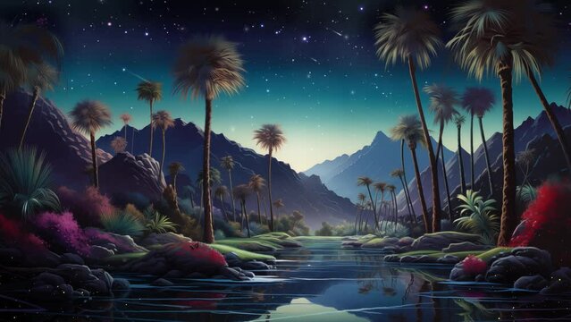 desert mirage oasis at night with oasis palm tree. seamless looping overlay 4k virtual video animation background 