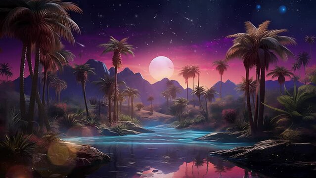 desert mirage oasis at night with oasis palm tree. desert oasis illustration at night. seamless looping overlay 4k virtual video animation background 