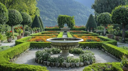 Elegantly designed French garden, with symmetrical plantings and neatly trimmed hedges, sophistication