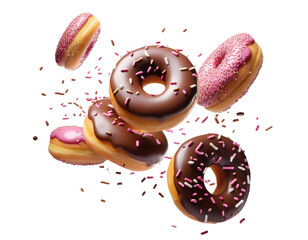 Flying delicious donuts with sprinkles, cut out - obrazy, fototapety, plakaty