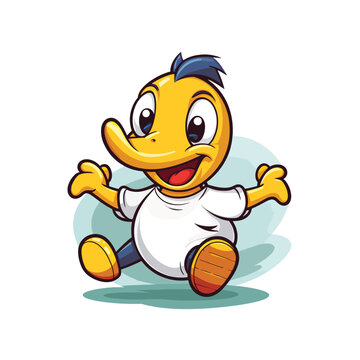 Cartoon happy duck playing soccer ball, flat vector.