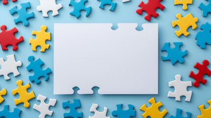 Blank white paper card with blue, yellow, red pieces of puzzle on light blue frame background. World autism awareness day concept. Top view, copy space. generative ai