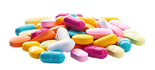 Variety of colorful medication capsules and tablets, cut out