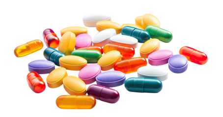 Variety of colorful medication capsules and tablets, cut out