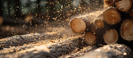 Poster Logs being chopped for firewood, shown up close with flying particles. © Sona