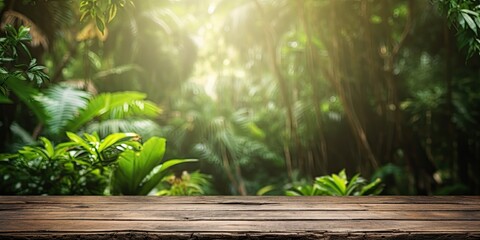 Lively image of rustic wooden table amidst jungle.