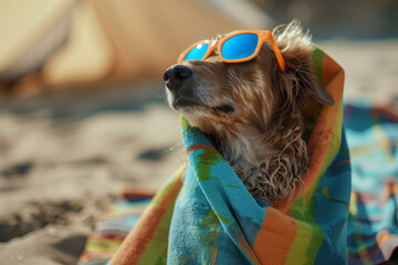 Funny dog on summer beach vacation with a towel around his head on a sunny day. anthropomorphic animal - obrazy, fototapety, plakaty