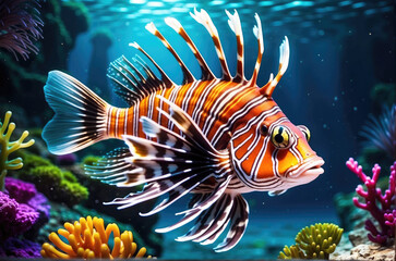 Naklejka na ściany i meble glow vibrant lionfish swim in the underwater