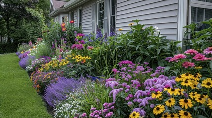 Border garden of perennials, arranged for all-season flowering, rich in color and vitality
