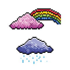 Fototapeta premium Clouds with rainbow and purplish blue cloud with rain. Pixel bit retro game styled vector illustration drawing. Simple flat cartoon drawing isolated on square white background.