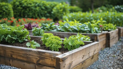 Raised bed vegetable garden, diverse crops in neat rows, sustainable living