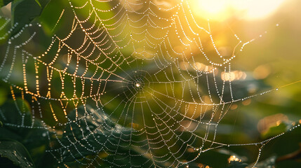A close-up of a dewdrop on a spider web, reflecting the morning sun and the green leaves behind it. - obrazy, fototapety, plakaty