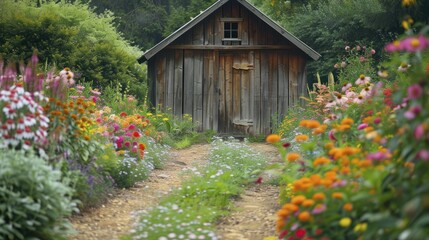 Rustic wooden garden shed among blooming flowers, charming and picturesque