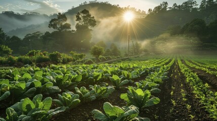 Organic vegetable garden at sunrise, dew on leaves, rows of vibrant greens