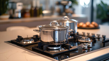 stainless steel cooking pot with lid on induction glass ceramic stove at modern kitchen.Generative AI