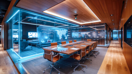 Sophisticated business meeting room with digital screens displaying financial data, creating a high-tech atmosphere for strategic discussions.AI - obrazy, fototapety, plakaty