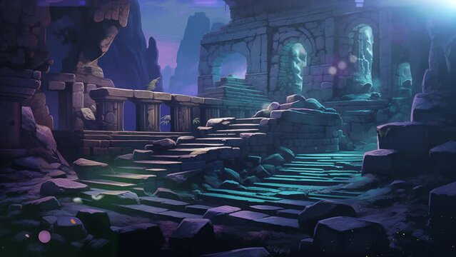 greek amphitheater ruins at night with ancient building. seamless looping overlay 4k virtual video animation background 