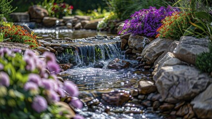 Fototapeta premium Garden by the water, integrating water elements and water-loving plants, a tranquil composition
