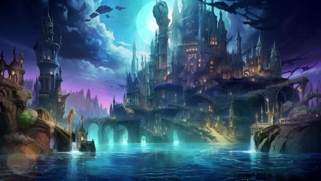 nighttime mythical underwater city. fantasy background illustration. seamless looping overlay 4k virtual video animation background 