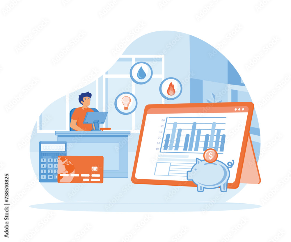 Poster utility bills concept. man checking and paying utility bills online on his computer. flat vector mod