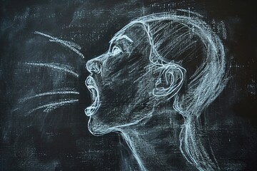 Side view of a woman's face drawn with chalk on a blackboard