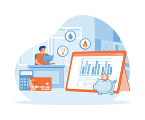 Fototapeta premium Utility bills concept. Man checking and paying utility bills online on his computer. flat vector modern illustration 