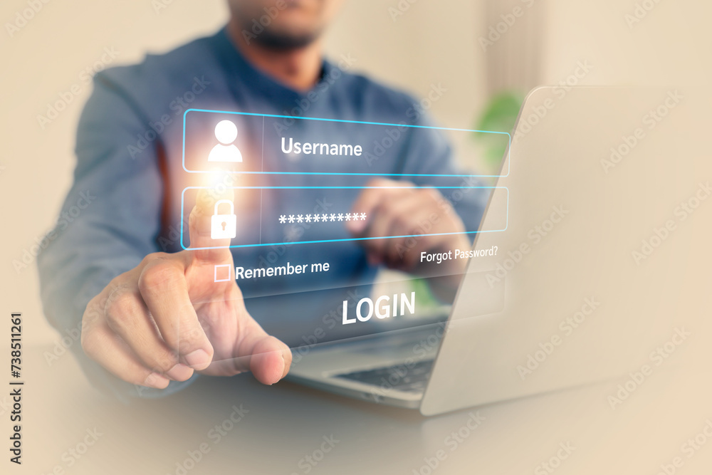 Fototapete hand touching login username and password icon for safety internet security access or user sign regi