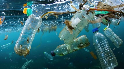 Plastic bottles, trash, plastic waste, microplastics floating in the open ocean, Generative ai