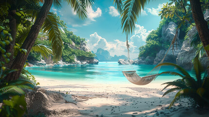 A tropical beach with white sand, palm trees, turquoise water, and a hammock hanging between two...