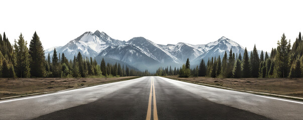 Long stretch of empty road leading towards misty mountains, cut out - Powered by Adobe