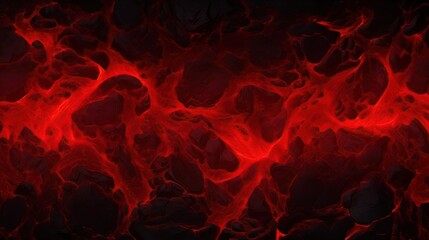 Vibrant red flowing lava within a volcanic environment