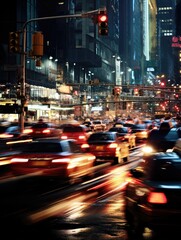 Fototapeta na wymiar A busy city street at night in motion blur. Generative AI.
