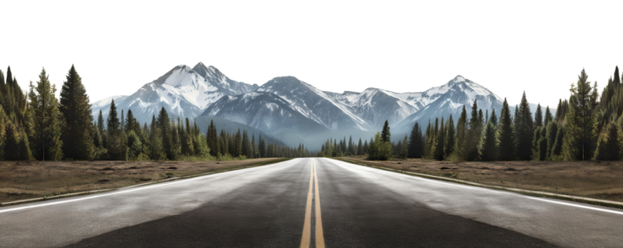 Long stretch of empty road leading towards misty mountains, cut out