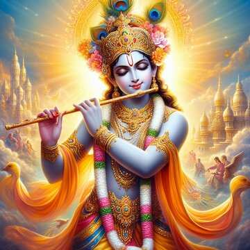Radiant Painting of Lord Krishna with Flute on Sunny Background