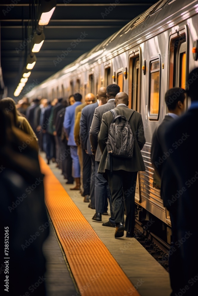 Poster a group of people standing in line to board a subway train. generative ai.