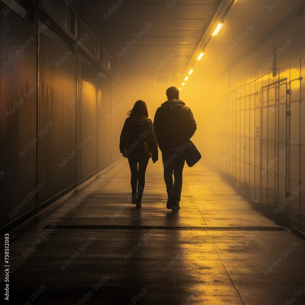 Poster A man and woman walking down a hallway in a foggy tunnel. Generative AI.