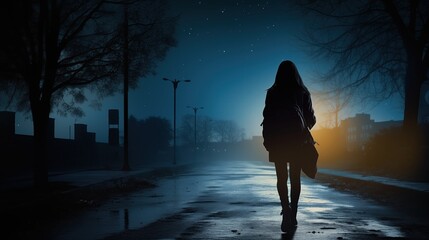 Alone Girl Walking Along a Deserted City Street at Dusk