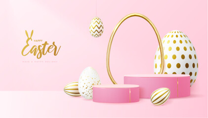 Holiday Easter showcase pink background with 3d podium and  easter eggs. Vector illustration - obrazy, fototapety, plakaty