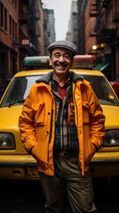 A man in an orange jacket standing next to a yellow taxi. Generative AI.