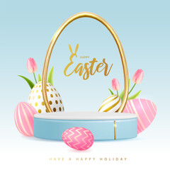 Holiday Easter showcase blue background with 3d podium, easter eggs and tulips. Vector illustration