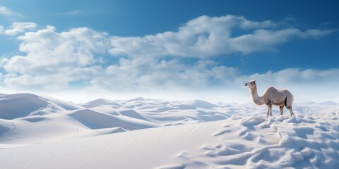 Winter landscape background of snow in desert with camel.