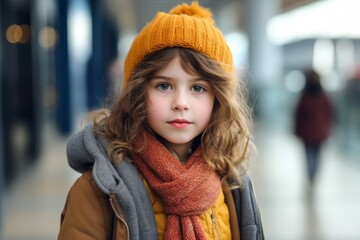 Portrait of a cute little girl in a hat and scarf.