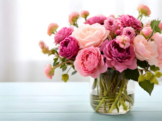 flower arrangement in a vase for home. Flowers bunch, set for interior. Fresh cut flowers for decoration home. Generative AI
