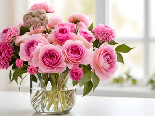 flower arrangement in a vase for home. Flowers bunch, set for interior. Fresh cut flowers for decoration home. Generative AI
