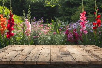 Empty wooden table over blooming gladioli garden background. Summer mock up.
